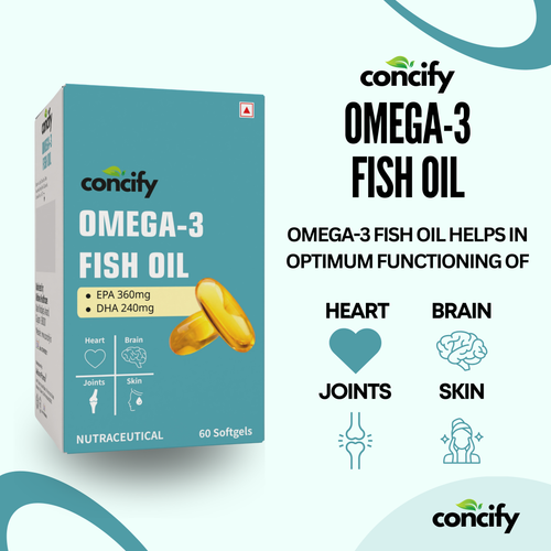 Concify Omega-3 Fish Oil Softgel Capsules – 1000mg Omega-3 with 360mg EPA & 240mg DHA | Supports Heart, Brain, Joints & Skin Health | 60 Softgels