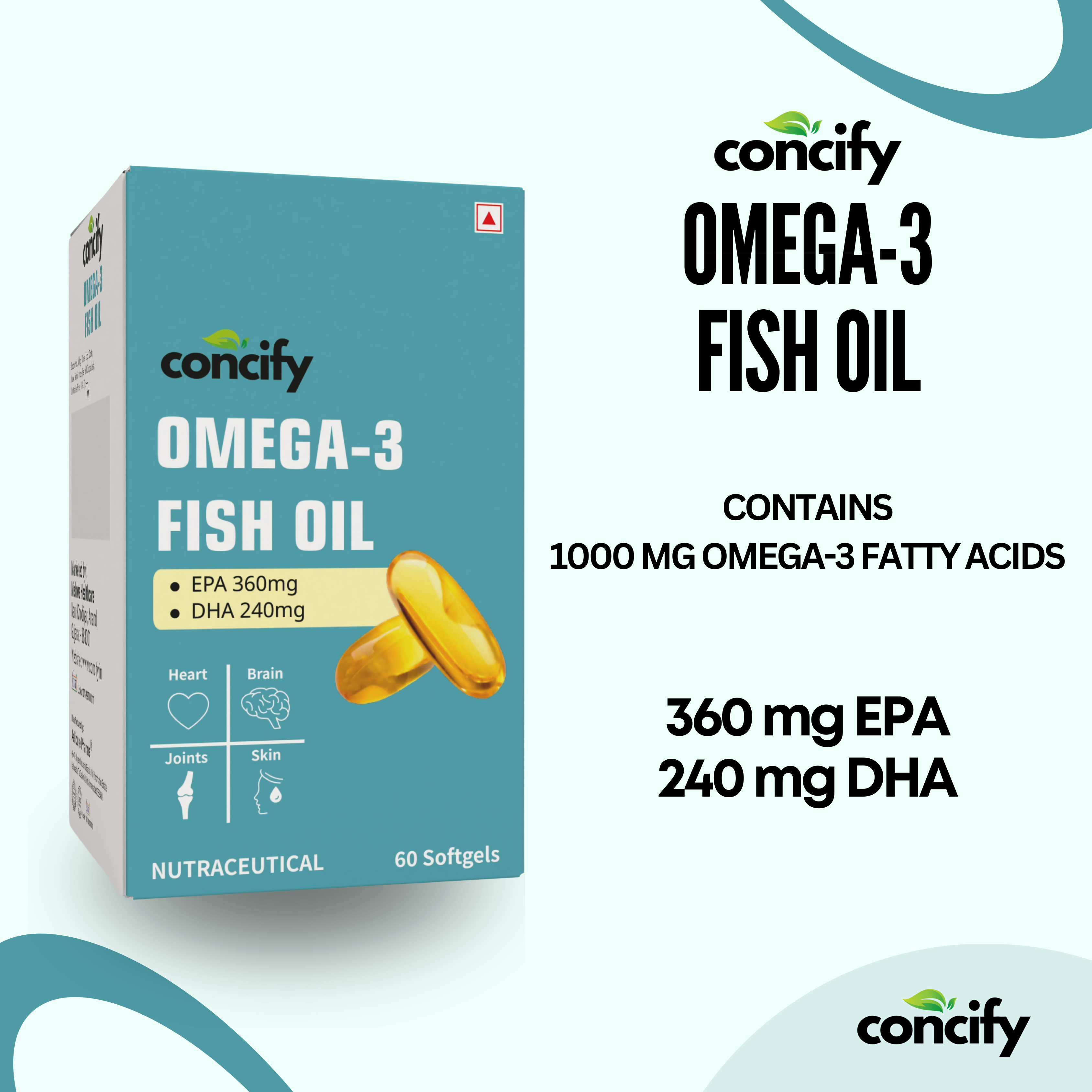 Concify Omega-3 Fish Oil Softgel Capsules – 1000mg Omega-3 with 360mg EPA & 240mg DHA | Supports Heart, Brain, Joints & Skin Health | 60 Softgels