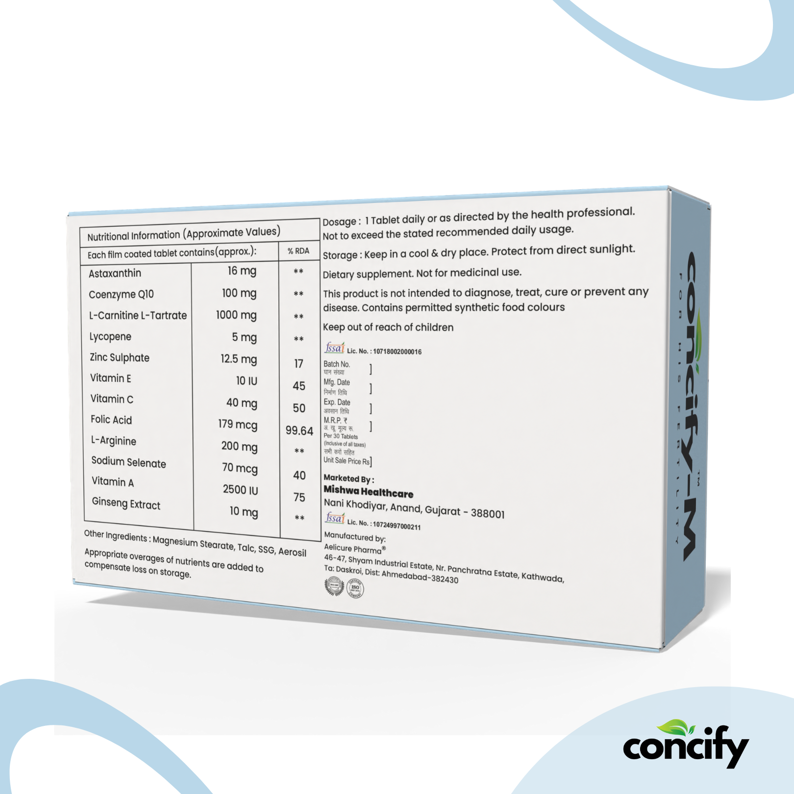 Concify-M Coenzyme Q10, L-Carnitine, Lycopene, L-Arginine, Ginseng Extract with Vitamins and Minerals Tablets for Men