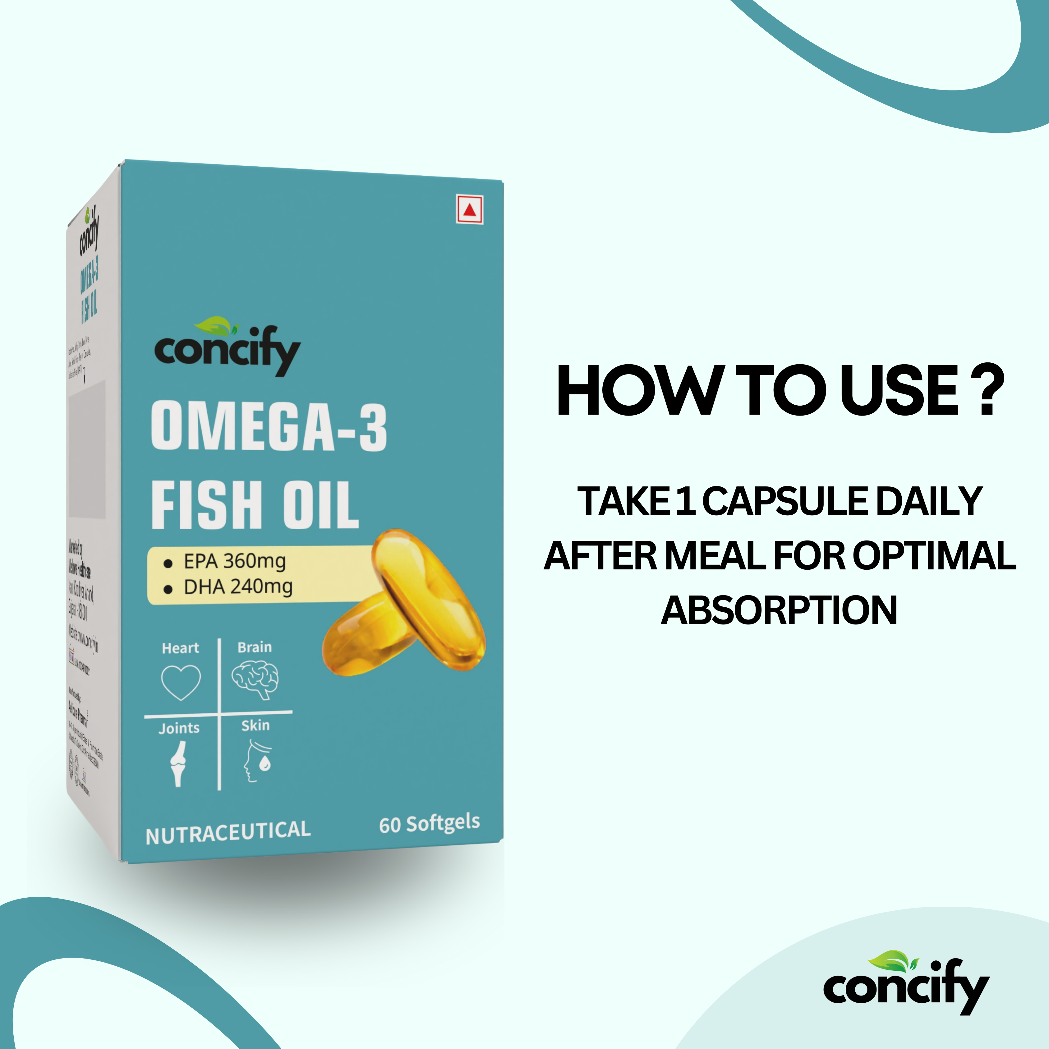 Concify Omega-3 Fish Oil Softgel Capsules – 1000mg Omega-3 with 360mg EPA & 240mg DHA | Supports Heart, Brain, Joints & Skin Health | 60 Softgels