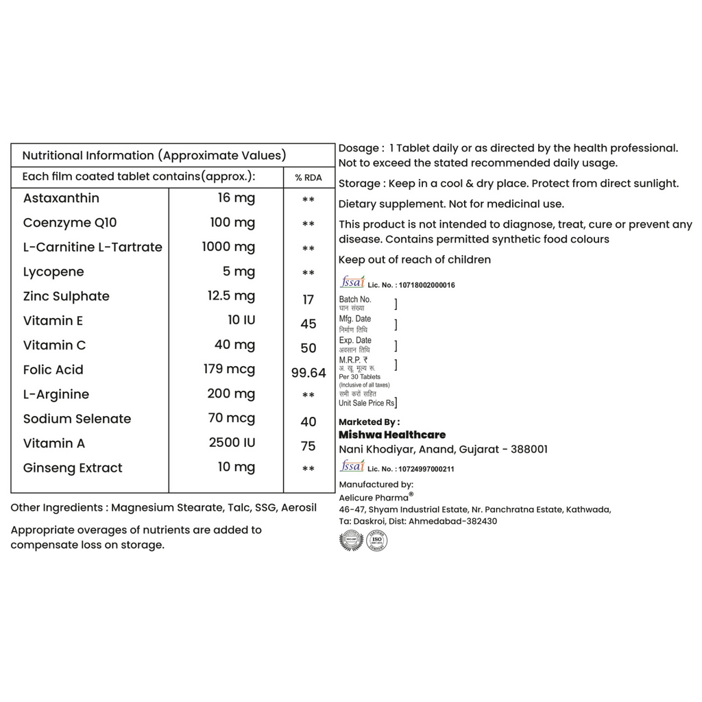 Concify-M Coenzyme Q10, L-Carnitine, Lycopene, L-Arginine, Ginseng Extract with Vitamins and Minerals Tablets for Men