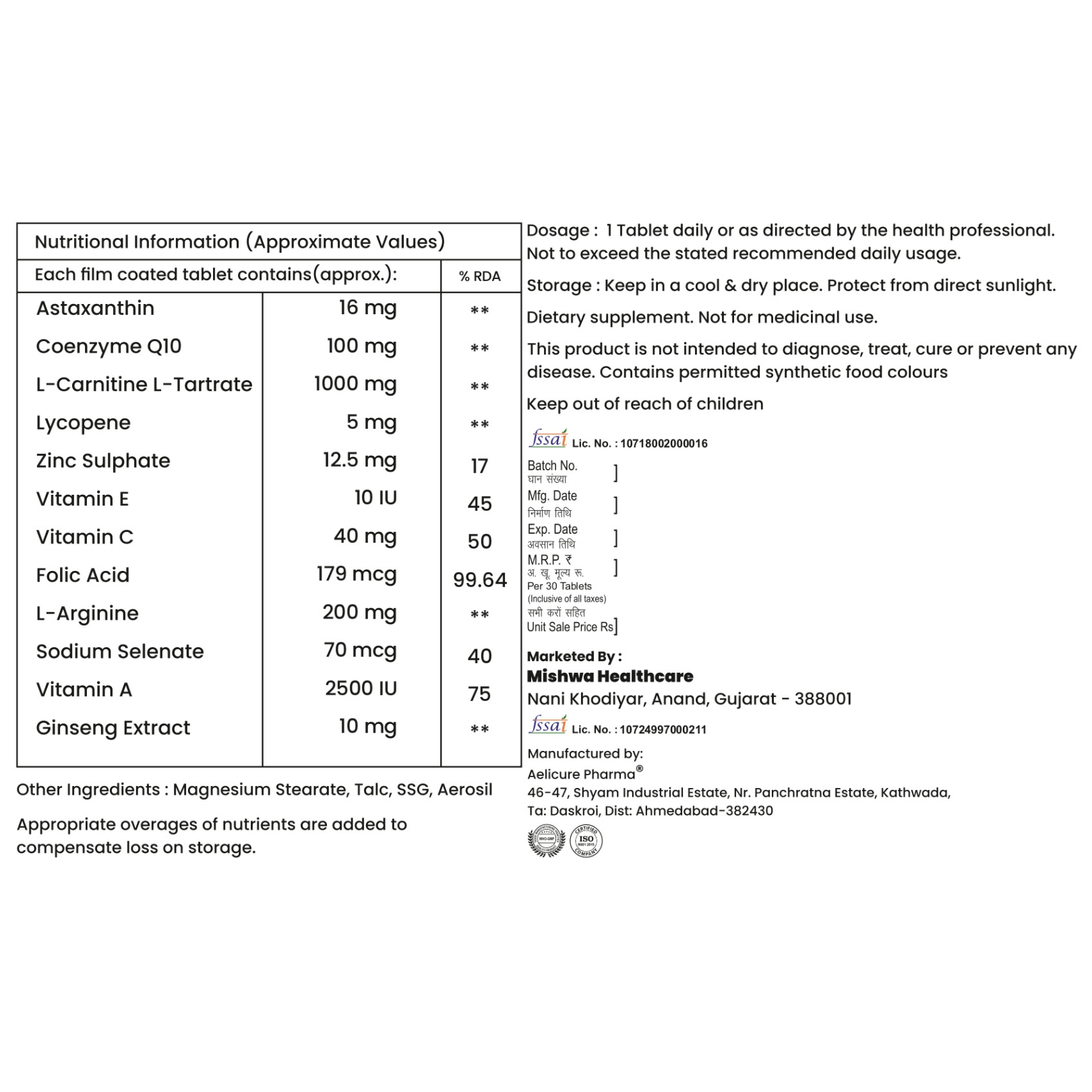 Concify-M Coenzyme Q10, L-Carnitine, Lycopene, L-Arginine, Ginseng Extract with Vitamins and Minerals Tablets for Men