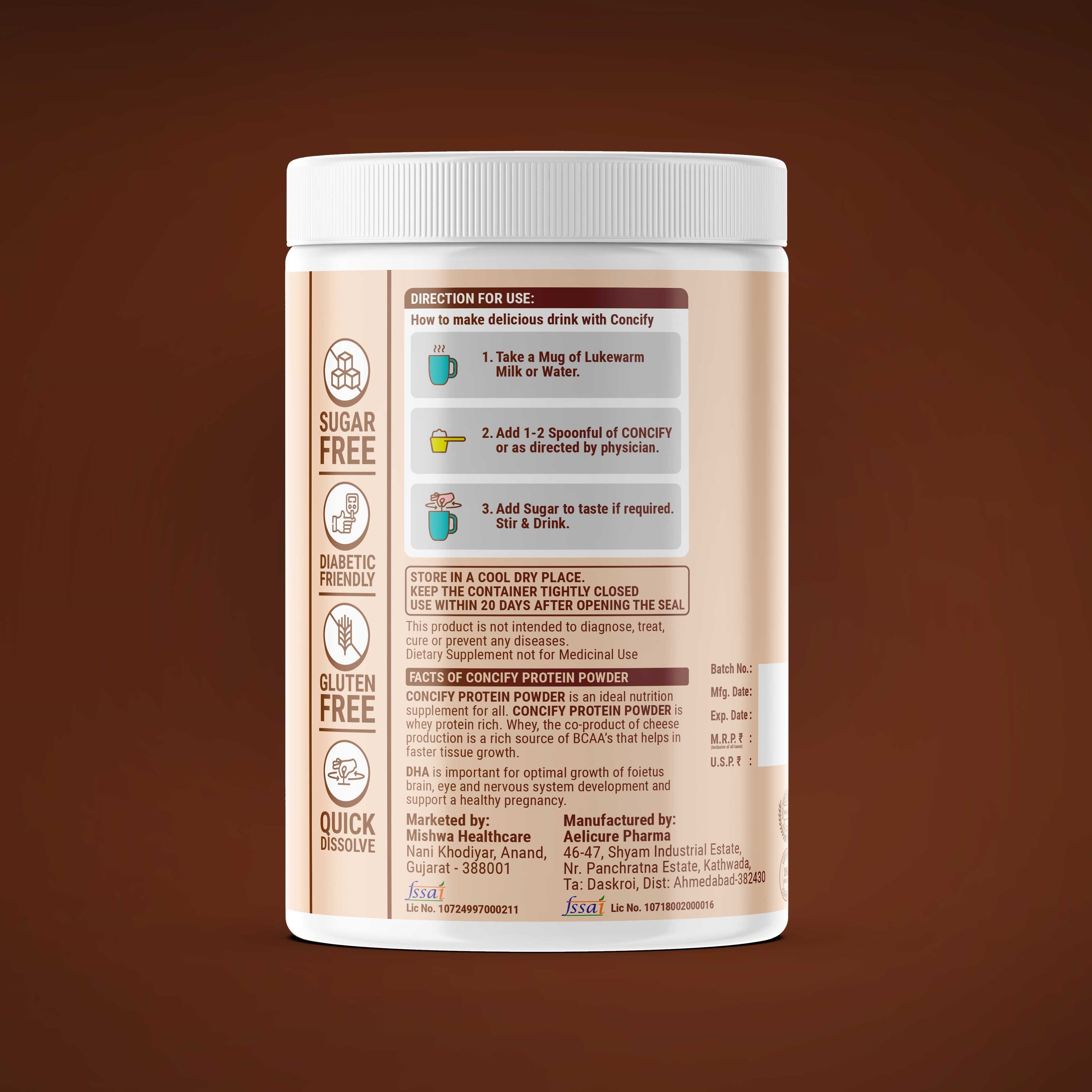 Concify Protein Powder (Chocolate Flavour)| Whey protein, BCAA with 14 Vitamins and 11 Minerals | 500 grams