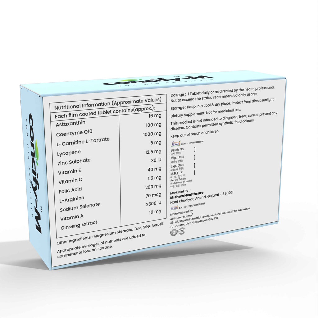 Concify-M Coenzyme Q10, L-Carnitine, Lycopene, L-Arginine, Ginseng Extract with Vitamins and Minerals Tablets for Men