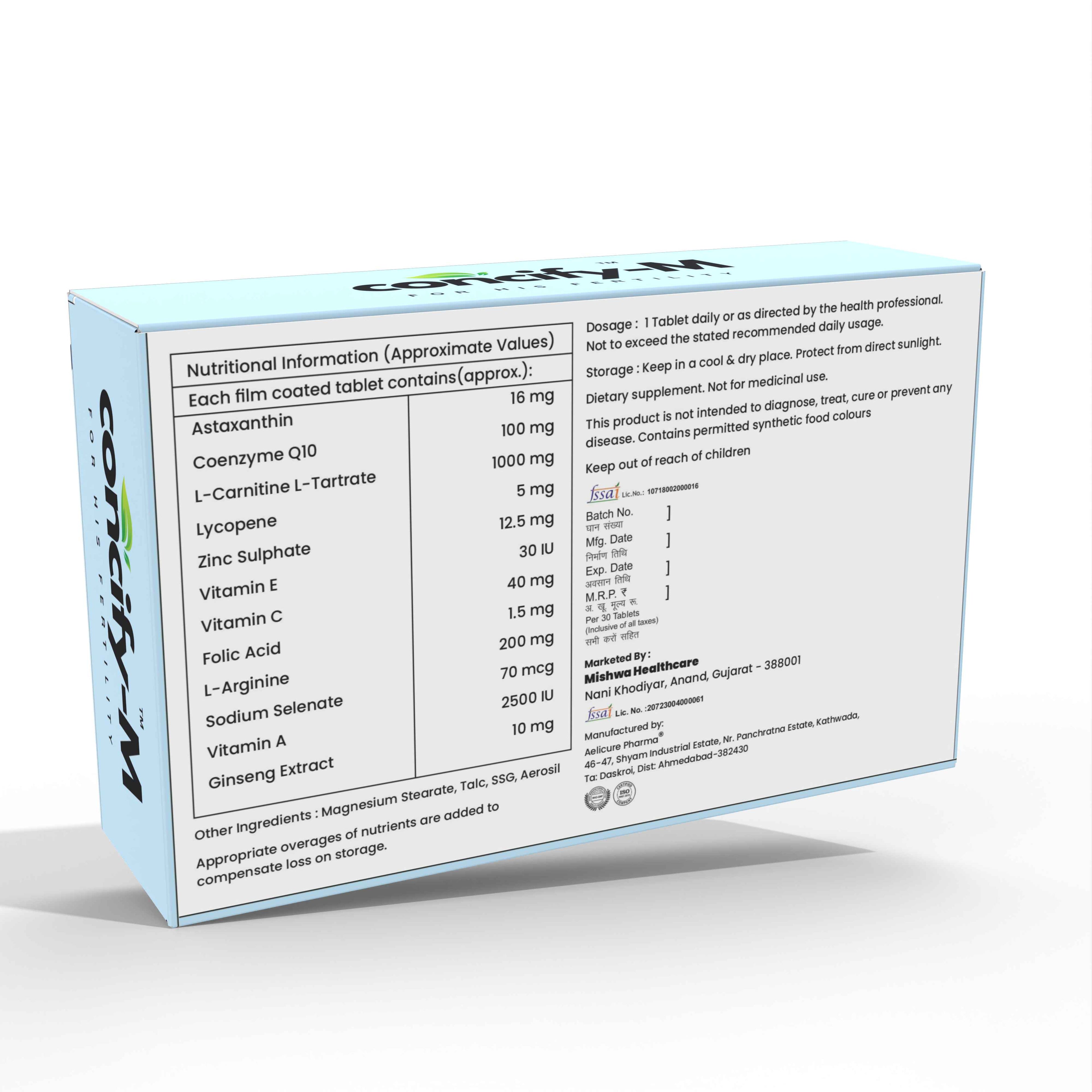 Concify-M Coenzyme Q10, L-Carnitine, Lycopene, L-Arginine, Ginseng Extract with Vitamins and Minerals Tablets for Men