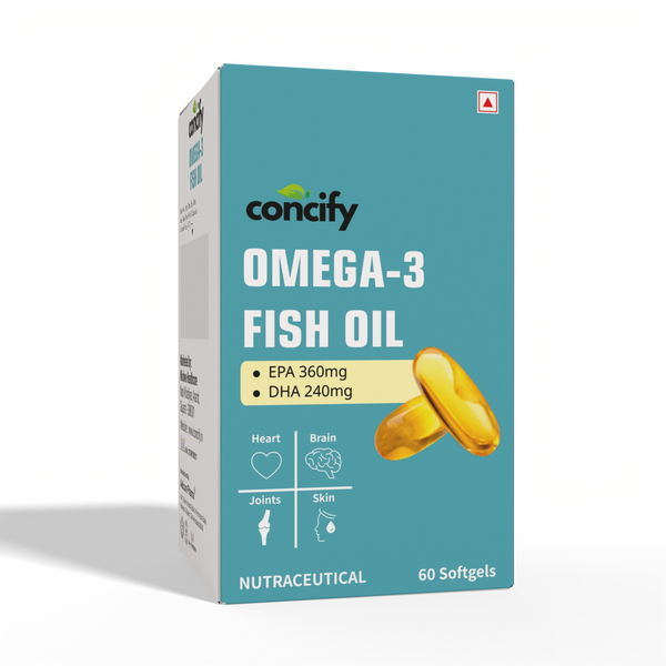 Concify Omega-3 Fish Oil Softgel Capsules – 1000mg Omega-3 with 360mg EPA & 240mg DHA | Supports Heart, Brain, Joints & Skin Health | 60 Softgels